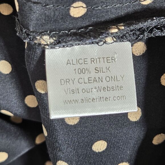 Alice Ritter Shirt Dress Womens 2 100% Silk Black Gold Polka Dot Rounded Hem - Picture 9 of 9